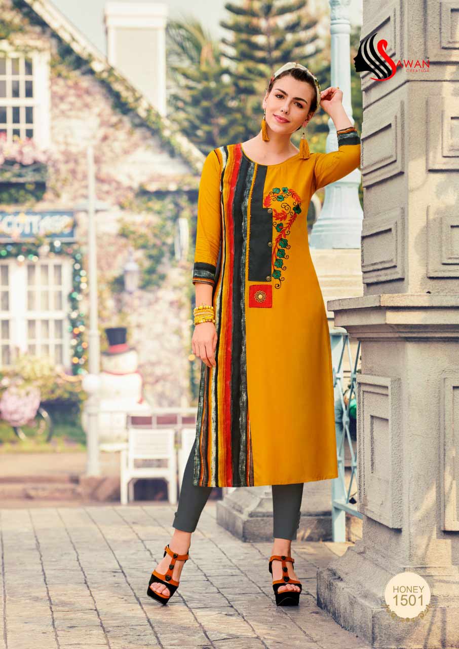 Sawan Honey Vol-15 Rayon Strips Kurti Sawan Honey Vol-15 Rayon Strips Kurti